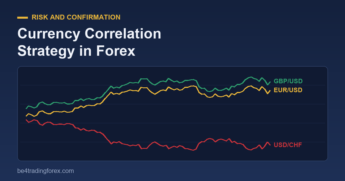 Currency correlation chart: EUR/USD and GBP/USD move together, USD/CHF moves opposite